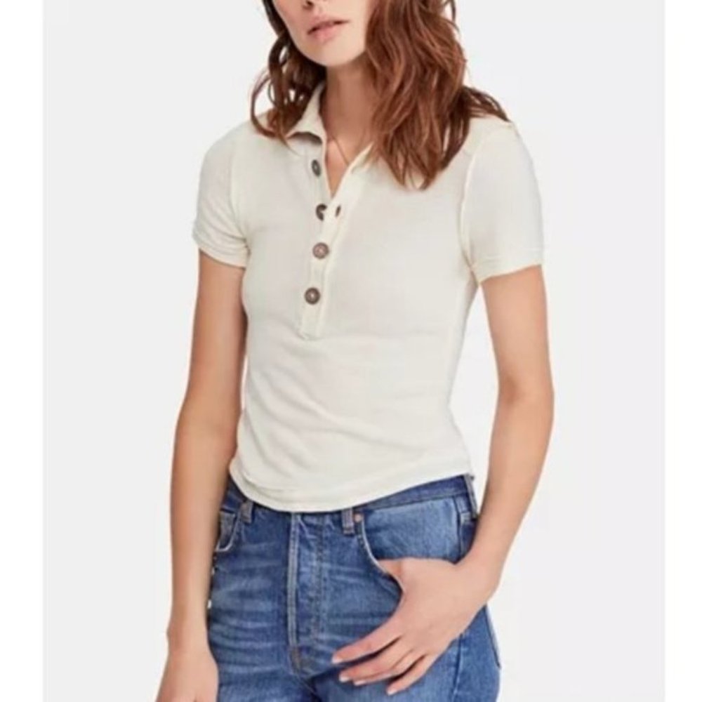 New Free People White Sands Poppy Polo Button Top